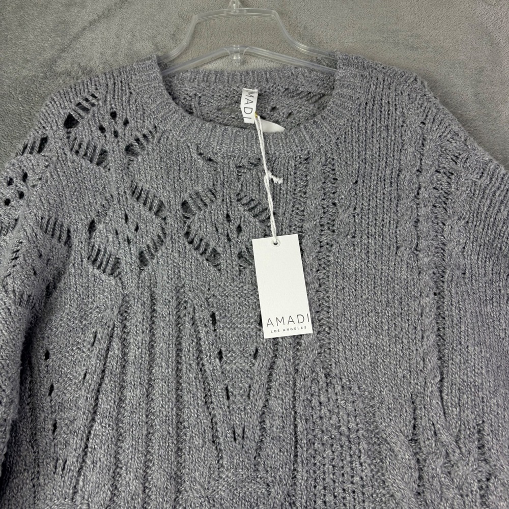 Amadi Athropologie L Grey Chunky Sweater Mixed Cable Pointelle Knit Cottage Core - Picture 9 of 12